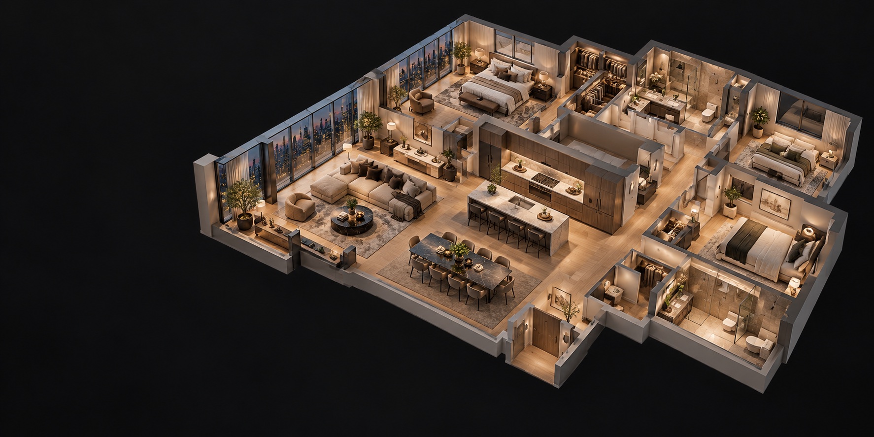 Illustrative 3D dollhouse view of an apartment